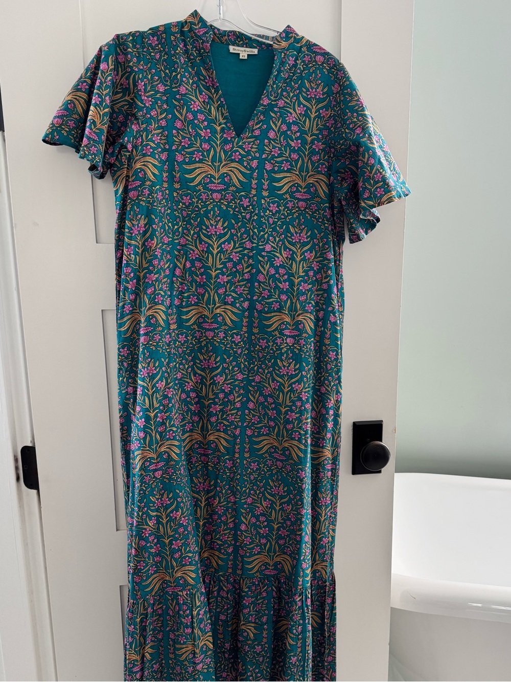 Teal Floral V-Neck Maxi Dress with Flutter Sleeves